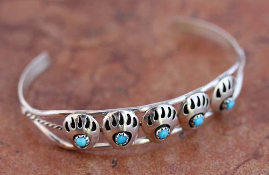 Navajo Sterling Silver Turquoise Bear Paw Bracelet