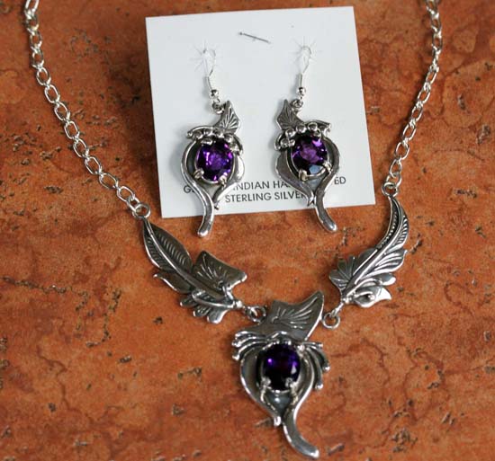 Navajo Silver Amethyst Necklace Earrings Set