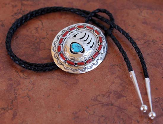 Navajo Silver Turquoise Coral Bear Paw Bolo Tie