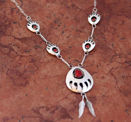 Navajo Coral Bear Paw Necklace