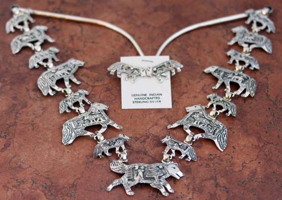 Navajo Silver Wolf Necklace Set by Becenti