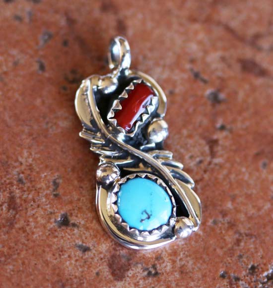 Navajo Silver Turquoise Coral Pendant