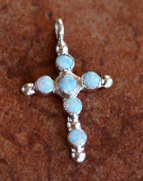 Zuni Silver Created Opal Cross Pendant