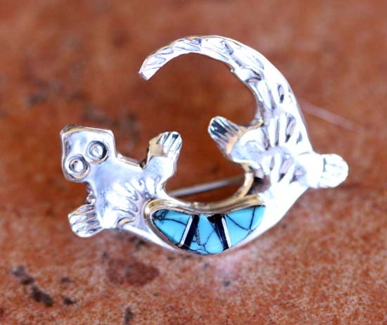 Zuni Sterling Silver Multi_Stone Lizard Pin