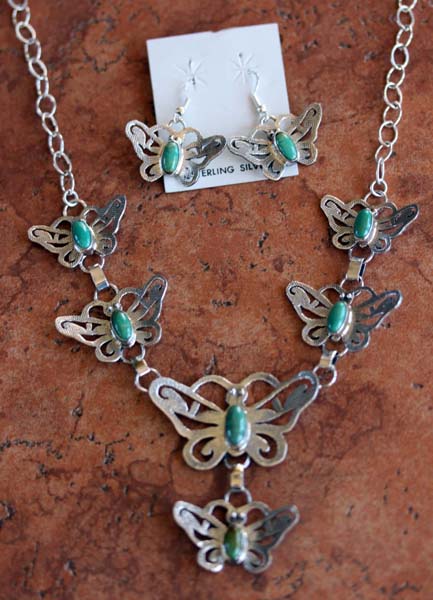 Navajo Turquoise Butterfly Necklace Earrings Set