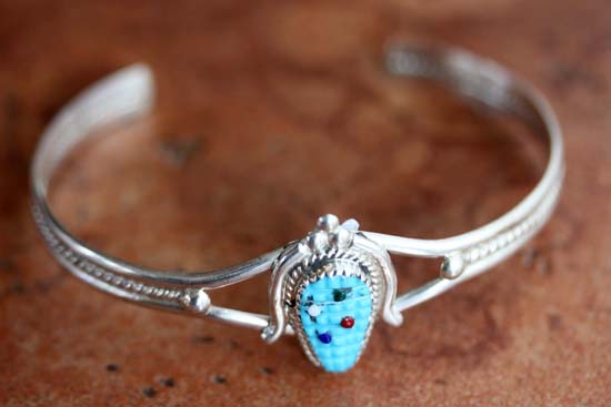 Zuni Silver Turquoise Corn Husk Bracelet