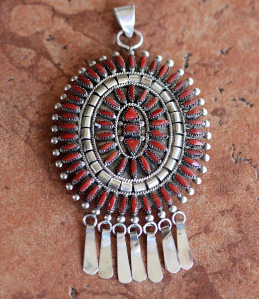 Zuni Sterling Silver Coral Cluster Pendant/Pin