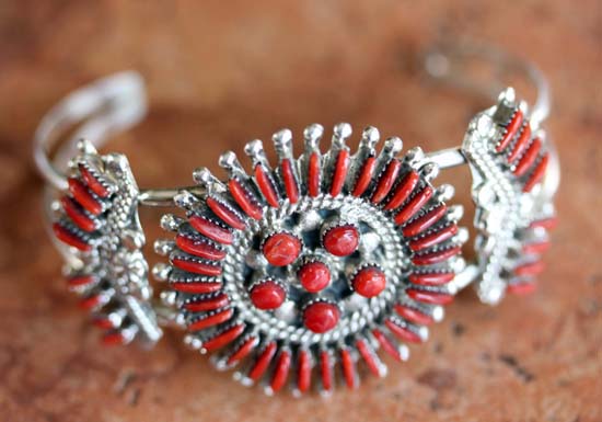 Zuni Silver Coral Cluster Bracelet