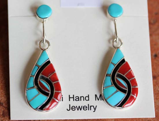 Zuni Sterling Silver Turquoise Coral Earrings