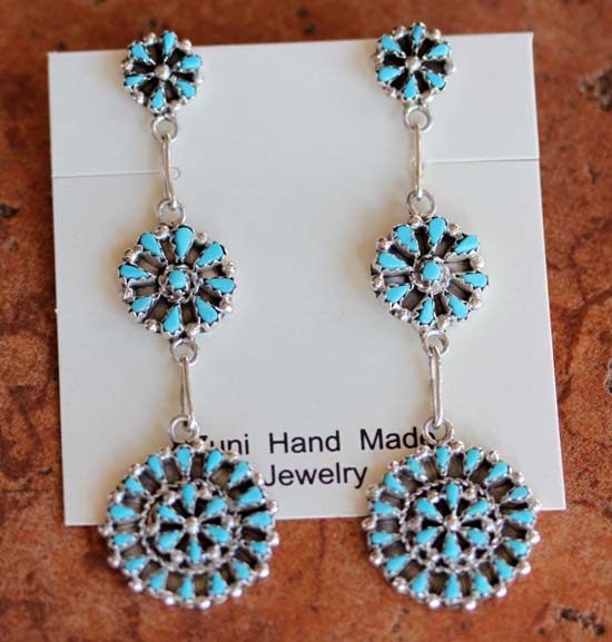 Zuni Sterling Silver Turquoise Cluster Earrings