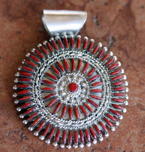 Zuni Sterling Silver Coral Cluster Pendant