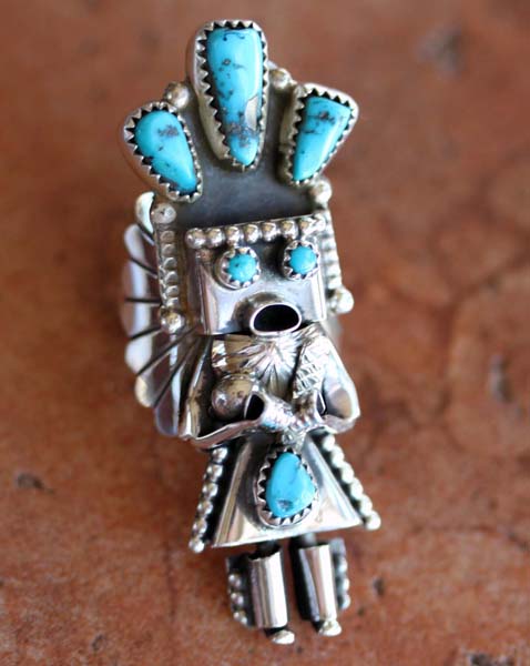 Navajo Silver Turquoise Kachina Ring Size 7 1/2