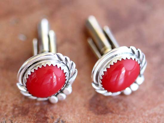 Navajo Silver Coral Cuff Links by S Cadman