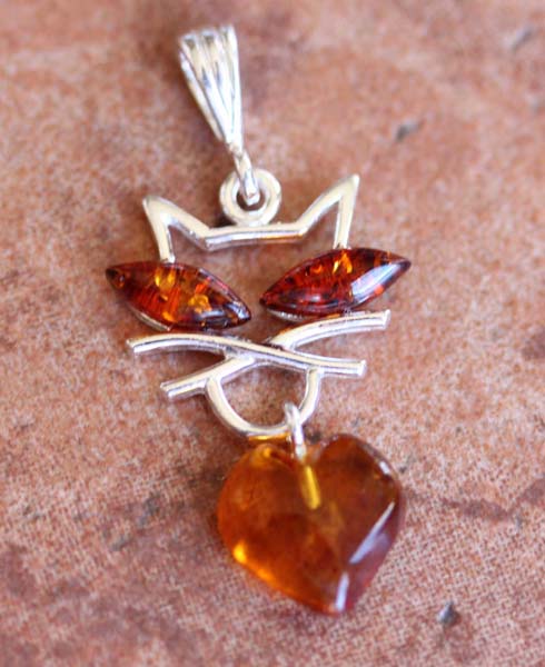 Sterling Silver Baltic Amber Cat Pendant