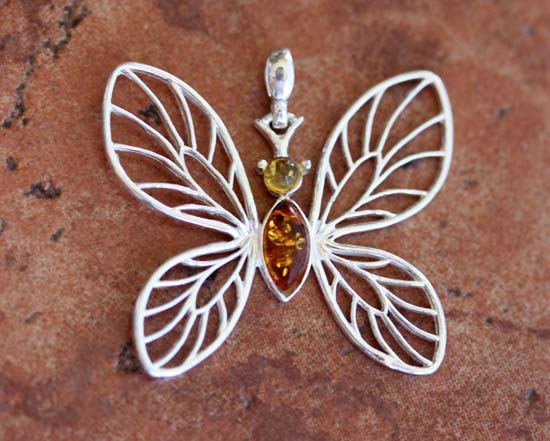 Sterling Silver Baltic Amber Butterfly Pendant