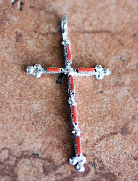 Navajo Sterling Coral Cross Pendant