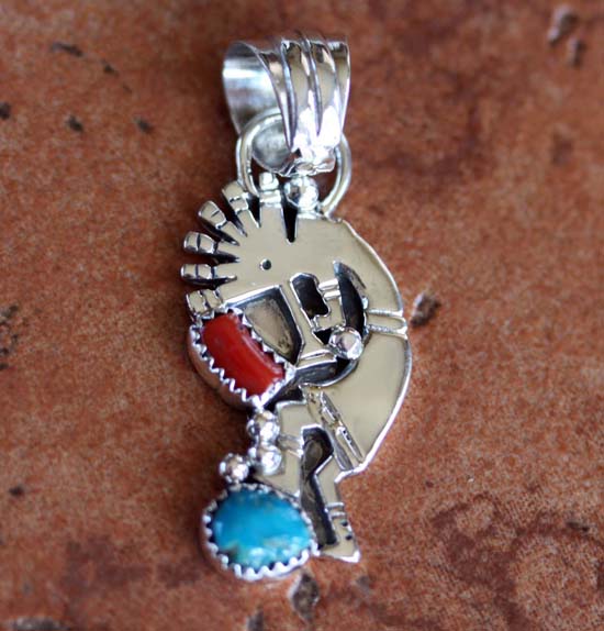 Navajo Coral and Turquoise Kokopelli Pendant