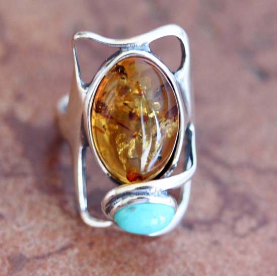 Sterling Silver Baltic Amber Turquoise Ring Size 5