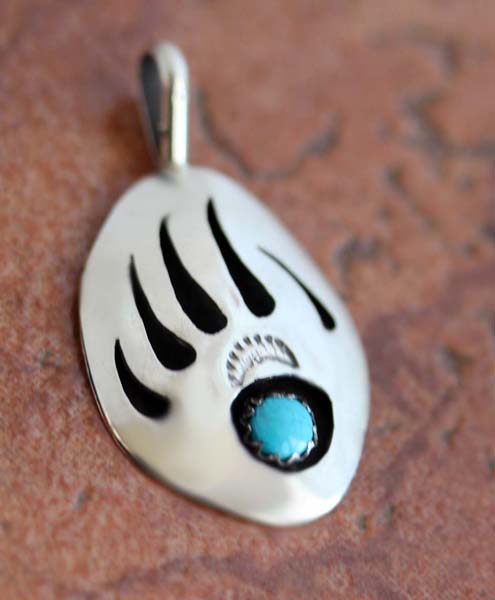 Navajo Silver Turquoise Bear Paw Pendant