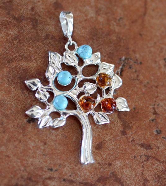 Sterling Silver Baltic Amber Turquoise Tree Pendant