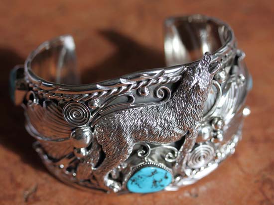 Navajo Silver Turquoise Wolf Bracelet