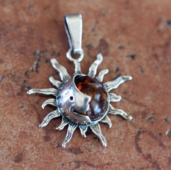 Sterling Silver Baltic Amber Sun Moon Pendant