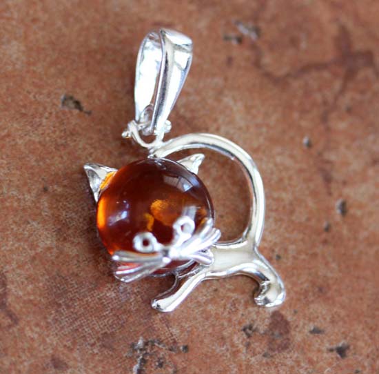 Sterling Silver Baltic Amber Cat Pendant