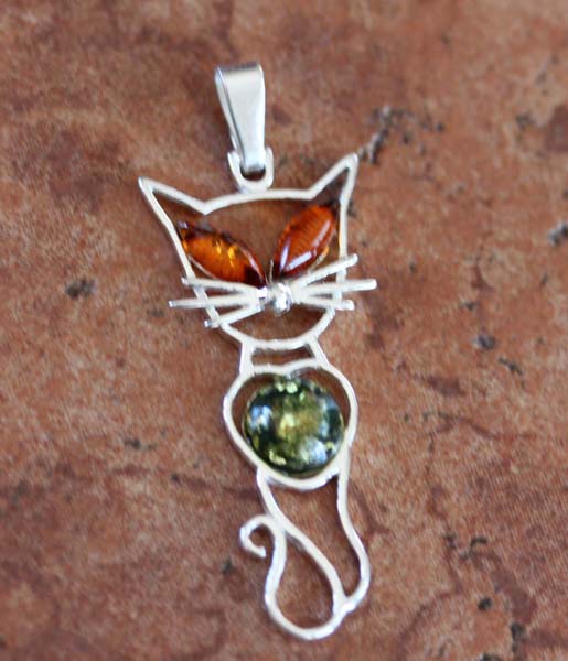 Sterling Silver Baltic Amber Cat Pendant