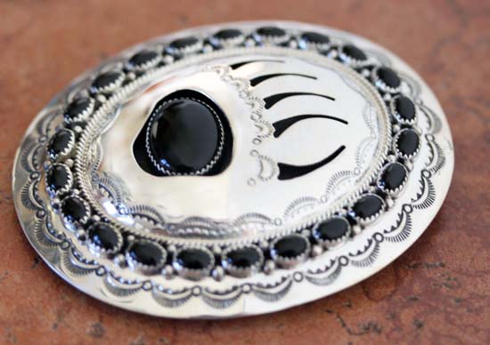 Navajo Silver Onyx Bear Paw Belt Buckle