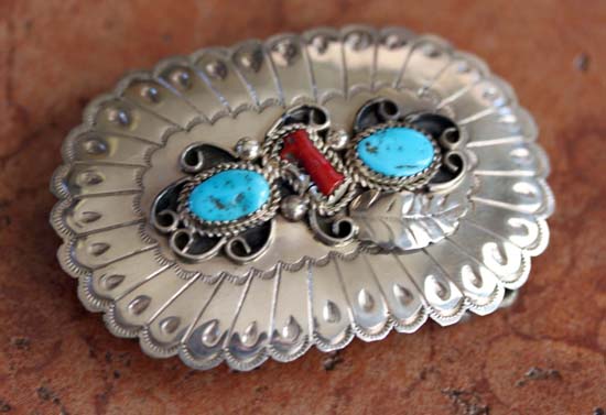 Navajo Silver Turquoise Coral Belt Buckle