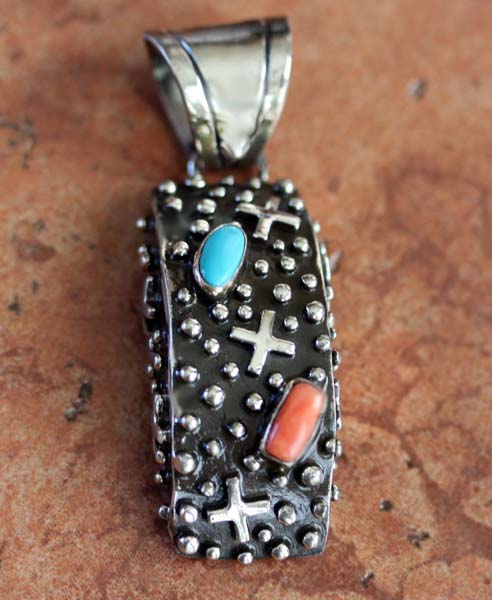 Navajo Silver Turquoise Coral Pendant