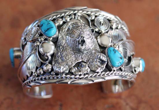 Navajo Silver Turquoise Bear Bracelet