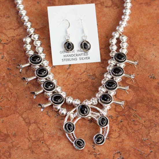 Navajo Onyx Squash Blossom Necklace and Earring Set