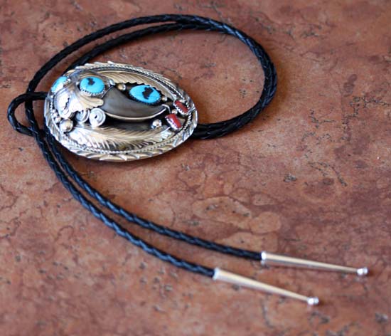 Navajo Silver Turquoise Coral Bear Claw  Bolo Tie