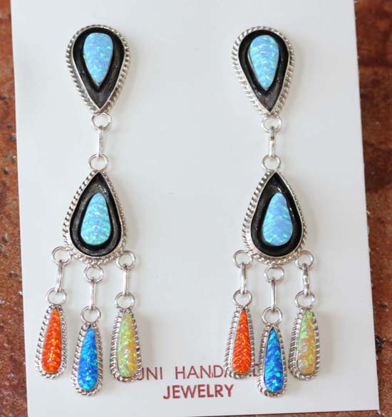 Zuni Silver Created Opal Earrings