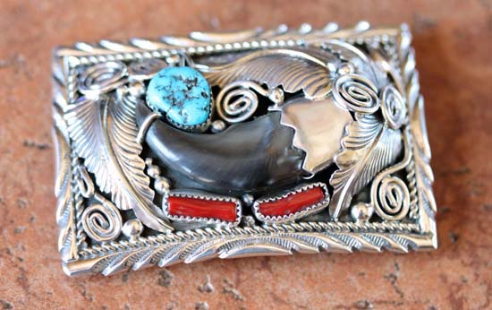 Navajo Silver Turquoise Coral Belt Buckle