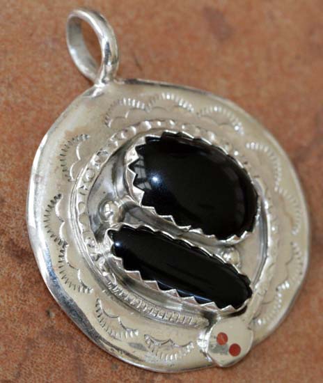 Zuni Silver Onyx Coral Pendant by Effie Calavaza