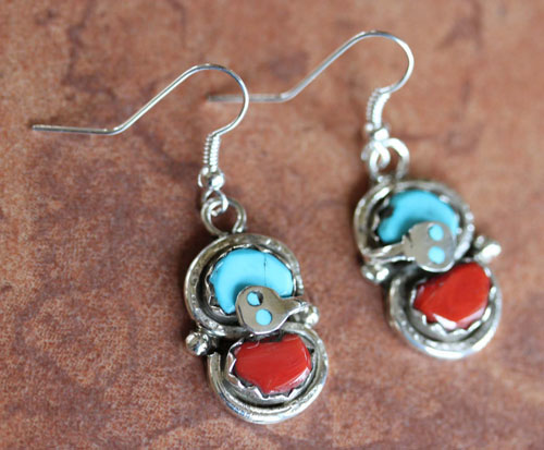 Zuni Indian Turquoise Coral Earrings by Effie Calavaza