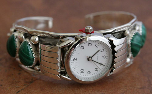 Navajo Malachite Ladies Watch Bracelet by H Martinez