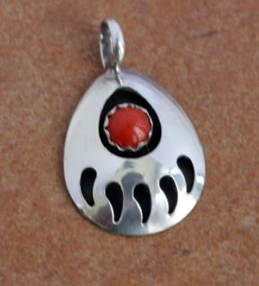 Navajo Coral Bear Paw Pendant by M Thomas