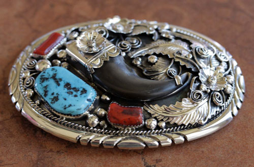 Navajo Silver Turquoise Coral Belt Buckle