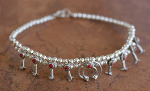 Navajo Silver Squash Blossom Coral Bracelet by L Curley