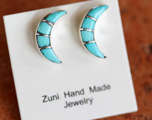 Zuni Handmade Sterling Silver Turquoise Moon Earrings