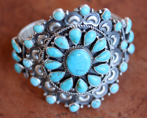 Navajo Silver Turquoise Cluster Bracelet by Dean Brown