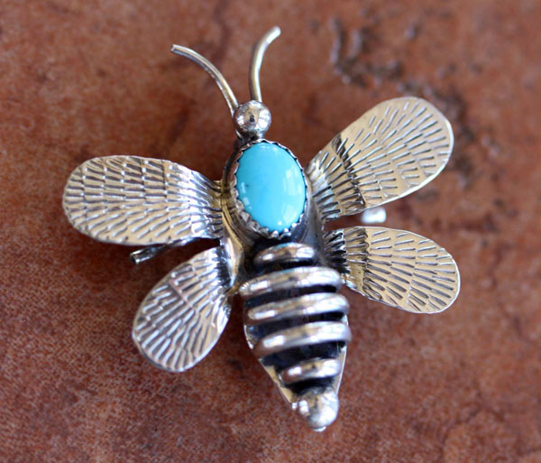 Navajo Silver Turquoise Bumble Bee Pin by T Yazzie