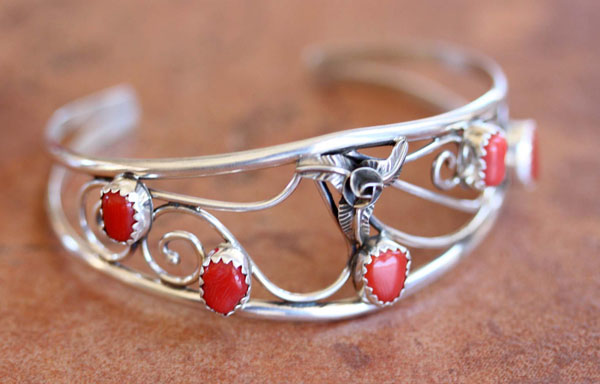 Navajo Native American Silver Coral Bracelet by C Nez