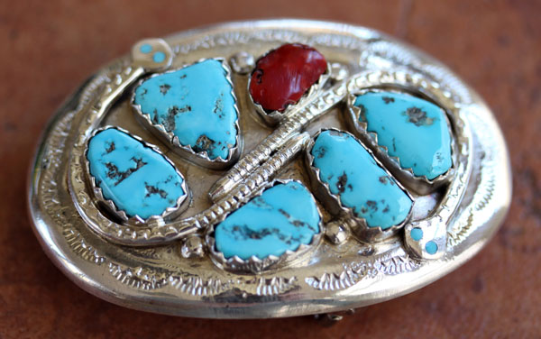 Zuni Silver Turquoise Coral Belt Buckle by Effie C