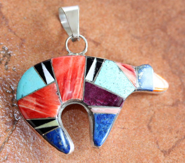 Zuni Silver Multi_Stone Bear Pendant by D Livingston