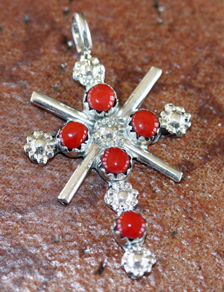 Navajo Sterling Coral Cross Pendant