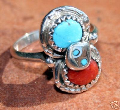 Signed Zuni Turquoise Coral Ring by Effie C